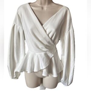 White Wrap Peplum Blouse with Puff Sleeves Medium